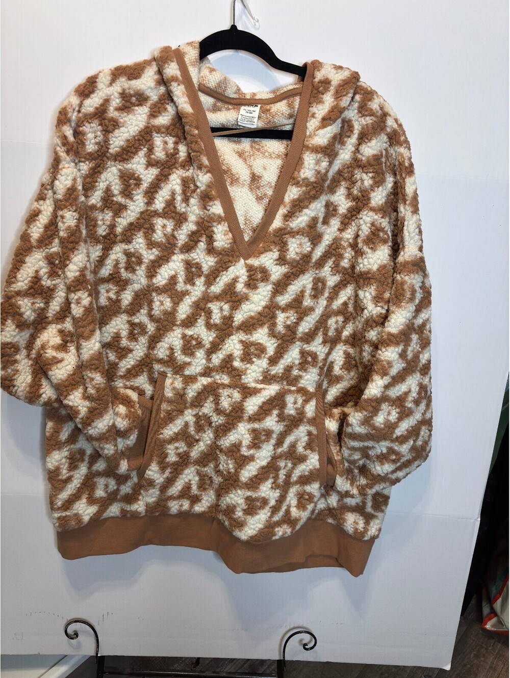 PINK Fuzzy Hoodie Pullover Sweatshirt XXL Brown and White Pattern